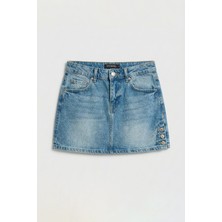 It's Basic Kadın Tint Kot Rengi 2s6-3 Mini Boy Yandan Düğmeli Denim Etek
