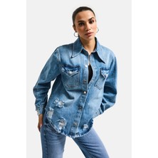 It's Basic Kadın Mavi 12s6-4 Yırtık Detaylı Denim Gömlek