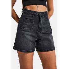 It's Basic Kadın Koyu Füme 2s6-1 Mom Fit Önden Cepli Denim Şort
