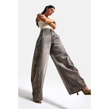 It's Basic Kadın Kot Rengi 4s6-16 Süper Baggy Balon Fit Nakış Detaylı Özel Tasarım Denim Jean