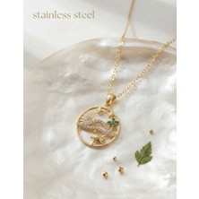 Stainless Steel 316L Çelik Zincir Gold Renk Şans Kolyesi Model Zirkon Taşlı Kolye