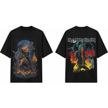 Tomris Dtg Baskı Ironmaiden Kanatlı Şeytan ve Iskeletler Oversize T-Shirt