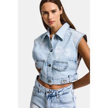 It's Basic Kadın Ice T-3s6-3 Crop Fit Dantel ve Taş Detaylı Tasarım Denim Yelek