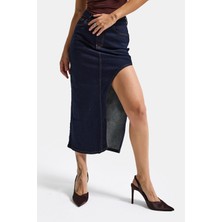 It's Basic Kadın İndigo Selvedge 7s6-50 Maxi Yandan Yırtmaç Detaylı Tasarım Likralı Kumaş Denim Etek