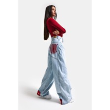 Kadın Ice Renk 4s6-3 Mega Baggy Fit Paça ve Cep Detaylı Özel Tasarım Denim Jean