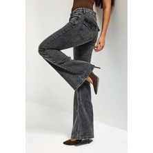 It's Basic Kadın Kot Füme 4s6-14 SLN05 Mide Rise Flare Fit Süper Esnek Kumaş İç Boy 83cm Denim Jean