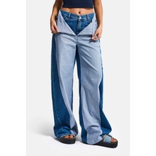 It's Basic Kadın Kot Rengi Palazzo Fit Çift Kemer Detaylı Özel Tasarım Denim Jean