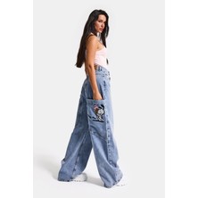 It's Basic Kadın Kot Rengi 4s6-89 Mega Baggy Fit Nakış Detaylı Özel Tasarım Denim Jean