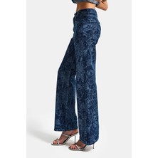 It's Basic Kadın Mavi 1s6-7 Straight Fit Çiçek Desenli Parlak Taşlı Tasarım Elastan Denim Jean