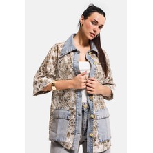It's Basic Kadın Kot Kahve 4s6-65 Oversize Özel Tasarım Gül Dantel Detaylı Ceket Gömlek