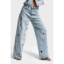It's Basic Kadın Ice 4s6-65 Baggy Fit Kuş Gözü Detaylı Özel Tasarım Denim Jean