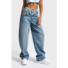 It's Basic Kadın Kot Rengi 4s6-32 Barrel Fit Bol Kesim Çift Kemer Detaylı Tasarım Denim Jean