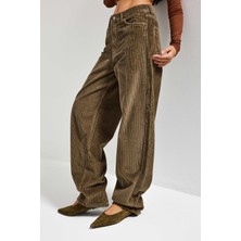 It's Basic Kadın Haki Renk Cindy 26w5-82 Skater Fit Bol Kesim Kalın Fitilli Velvet Kadife Kumaş Pantolon