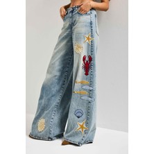 It's Basic Kadın Kot Rengi 4s6-32 Palazzo Fit Deniz Dünyası Nakışlı Özel Tasarım Denim Jean