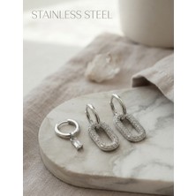 Stainless Steel Pirinç Zirkon Taşlı Dikdörtgen Model Gümüş Renk 3'lü Çift Küpe Set