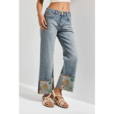 It's Basic Kadın Kot Rengi 4s6-65 Straight Fit Corn Turn Up Elastan Kumaş Paça Nakışlı Tasarım Denim Jean