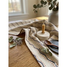 Megi Concept Masa Runner 40X140 cm Çizgili Nokta Desen Krem Lacivert Kalın Kumaş Dekoratif Salon Yemek Masası Örtüsü