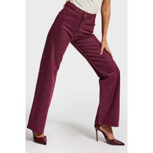 It's Basic Kadın Bordo Renk T3-20w5-98 Straight Fit Yüksek Bel Ön ve Arka Parlak Taşlı Özel Tasarım Denim Jean