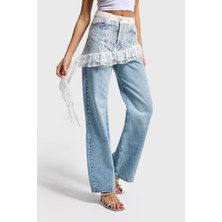 It's Basic Kadın Ice Kot Rengi 4s5-99 Straight Fit %100 Koton Dantel Detaylı Etek Özel Tasarım Denim Jean