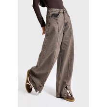 It's Basic Kadın Koyu Kahve Kot 3w5-70 Süper Baggy Fit Paça Detaylı Özel Tasarım Denim Jean