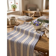 Megi Concept Masa Runner 40X140 cm Mavi Çizgili Çiçekli Desen Kalın Kumaş Dekoratif Salon Yemek Masası Örtüsü