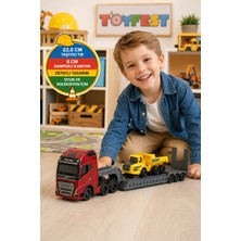 Toyfest Volvo FH16 Taşıyıcı Tır ve Iş Makinesi Seti Kırmızı Çekici Sarı Damperli Kamyon 22.5 cm