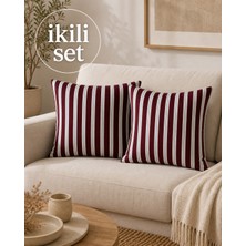 Megi Concept Dijital Baskılı Çizgili Desen Bordo Mavi Fermuarlı Dekoratif Kırlent Kılıfı-2li Kırlent Kılıfı Seti
