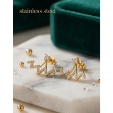 Stainless Steel Pirinç Gold Renk Zirkon Taşlı Zikzak Küpe