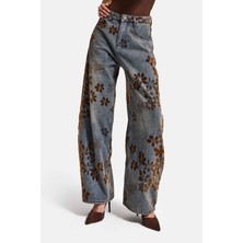 It's Basic Kadın T.Kot Rengi s5-8 Özel Flok Desenli Skater Fit Tasarım Denim Jean