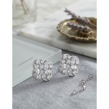 Stainless Steel Pirinç Gümüş Renk Zirkon Taşlı Yonca Model Küpe