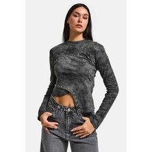 It's Basic Kadın Antrasit Gri w5 Asimetrik Kesim Drop Detaylı Özel Tasarım Crop Top