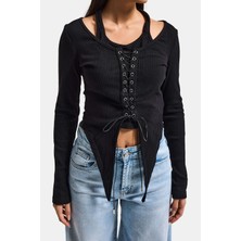 It's Basic Kadın Siyah w5 Asimetrik Kesim Özel Tasarım Crop Top