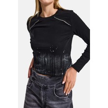 It's Basic Kadın Siyah w5 Özel Baskılı Kumaş Fermuar Detaylı Tasarım Body