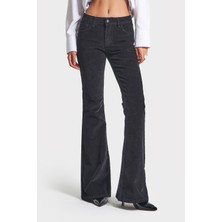 It's Basic Kadın Siyah Renk 26w5-1 Low Waist Flare Fit İnce Fitilli Velvet Kadife Kumaş Pantolon