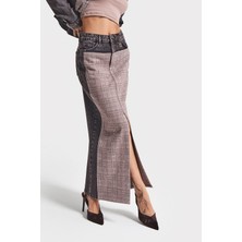 It's Basic Kadın Taşlanmış Koyu Kot Rengi 4w5-143 Denim Dokuma Parçalı Kumaş Maxi Boy Yırtmaçlı Özel Tasarım Etek
