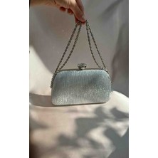 Hegef Bag Kadın Gümüş Lazer Kumaş Burgu Zincirli Özel Gün Abiye Çanta