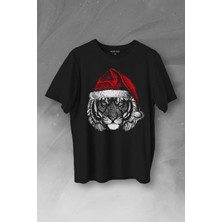 Tiger Wild Cat Kaplan Fesli Noel Şapkali Yılbaşı Christmas Baskılı Tişört Unisex T-Shirt