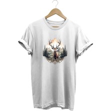 Unisex Geyik ve Dağ Manzaralı Baskılı Bisiklet Yaka Tişört T-Shirt