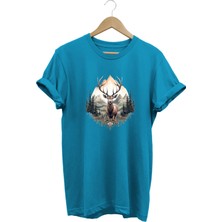  Unisex Geyik ve Dağ Manzaralı Baskılı Bisiklet Yaka Tişört T-Shirt