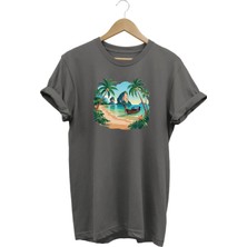  Unisex Siyah Tropikal Ada ve Palmiye Baskılı Bisiklet Yaka T-Shirt