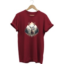  Unisex Geyik ve Dağ Manzaralı Baskılı Bisiklet Yaka Tişört T-Shirt