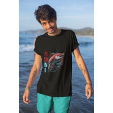  Fishing Balıkçılık Kırmızı Somon Balığı Baskılı %100 Pamuk Regular Fit Siyah T-Shirt