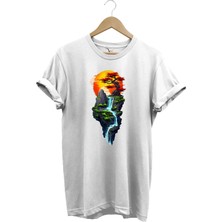  Manzara Ağaç Güneş Dağ ve Nehir Baskılı %100 Pamuk Regular Fit Bisiklet Yaka Beyaz T-Shirt