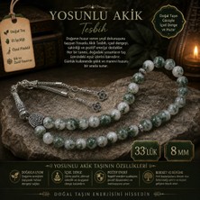 Lia Charm Doğal Yosunlu Akik Taşı Tesbih 33'lü - 8 mm Gümüş Kamçılı Erkek Tesbih