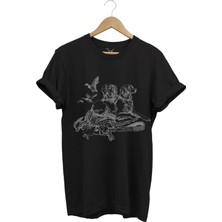  Avcılık Hunter Av Köpekleri Tavşan ve Keklik Kuşu Baskılı Regular Fit %100 Pamuk Siyah T-Shirt