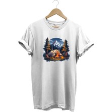  Yazlık Kamp Doğa Çadır ve Dağ Baskılı %100 Pamuk Regular Fit Bisiklet Yaka T-Shirt
