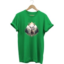  Unisex Geyik ve Dağ Manzaralı Baskılı Bisiklet Yaka Tişört T-Shirt