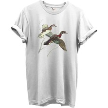  Uçan Yaban Ördekleri Çizim Baskılı %100 Pamuk Regular Fit Bisiklet Yaka Unisex T-Shirt