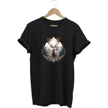  Unisex Geyik ve Dağ Manzaralı Baskılı Bisiklet Yaka Tişört T-Shirt