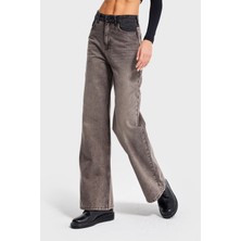 It's Basic Kadın Taş Kahve Renk 4w5-16 Wide Leg Fit %100 Koton Tasarım Denim Jean